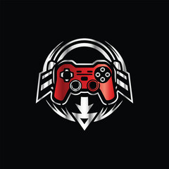 video game controller logo template vector icon illustration design isolated on black background. Devil sport gaming logo template vector. Headphones, joystick, gamepad, headset symbol.  