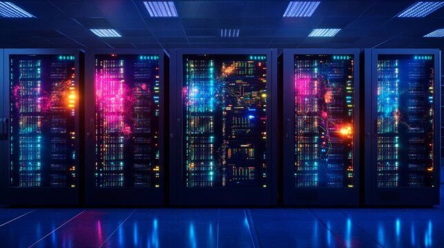 Servers arrayed in cool blue-lit room. Equipment glows with reds, yellows, and blues
