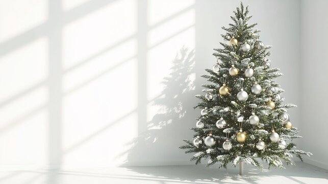 Minimalist Christmas tree a white background decorated with elegant silver and gold ornaments soft shadows enhancing the clean aesthetic