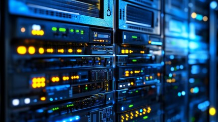 Naklejka premium Servers glow with lights in the dark. Rows of hardware in a large room. Detailed view