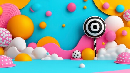 Colorful 3D Render of Spheres and Lollipop on Blue Background