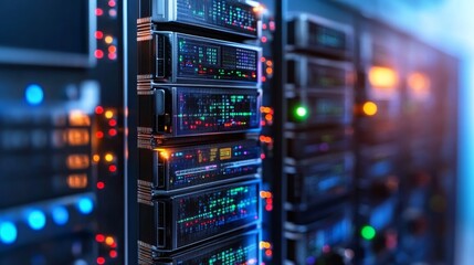 Naklejka premium Servers stack with blinking lights showcase data processing in a server room. Depth of field, blue, orange, and red lights