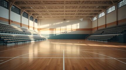 Empty gymnasium with wooden floor and bleachers illuminated by sunlight