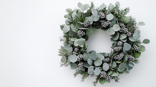 Minimalist Christmas wreath made of frosted eucalyptus silver berries elegantly arranged against a white background