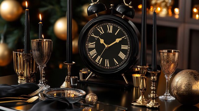 Minimalist New Years Eve table setting a black and gold theme elegant candles and a vintage clock striking midnight luxury aesthetic