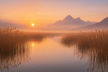 Serene Sunrise Over Misty Lake with Mountain Reflections and Reeds