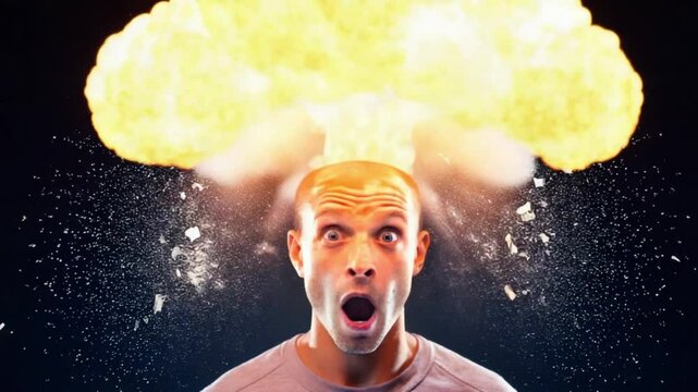 A surreal moment captures a man's expressive reaction as a vibrant explosion unfolds just above his head. This striking video encapsulates themes of surprise, shock, and intense emotion.