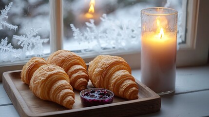 Minimalist Scandinavian holiday breakfast wooden tray warm croissants cloudberry jam and a lit candle by a frosted window cozy and inviting atmosphere