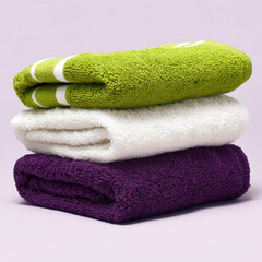 pile of colorful towels. A pile of fluffy towels, freshly washed and dried. Cleanliness and well-being, bath towels, face towels, washcloths.