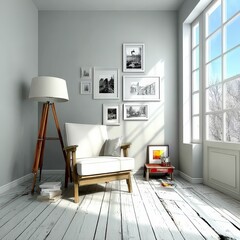 Minimalist Room Interior Design  White Chair  Lamp  Frames  Wooden Floor