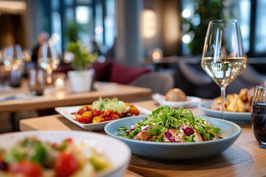 A complimentary high-resolution image showcasing a restaurant scene featuring a delicious meal, including salad and dinner options, located in Berlin's Kurfürstendamm, perfect for brunch or Abendbrot