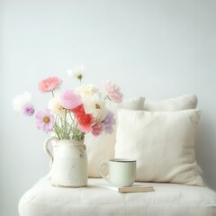 Cozy Minimalist Living Room  Flowers  Coffee  Book  Sofa