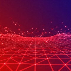 Fundo futurista abstrato - grade de linhas neon brilhantes com pontos de luz, tecnologia de IA. Malha de gradiente azul brilhante e rosa, espaço de perspectiva virtual com nós de conexão. 