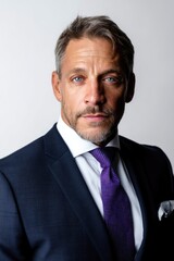 A confident middle-aged executive, clad in formal attire, looks directly at the lens. This seasoned entrepreneur represents authority and expertise, showcased in a portrait set against a simple white