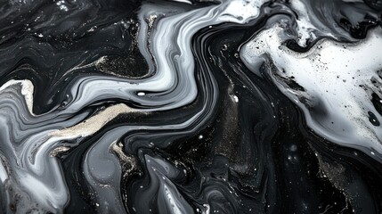 Abstract fluid art design.  Intricate swirls and marbled patterns in black, gray, and white, accented by metallic gold specks.  A mesmerizing visual composition of flowing colors and textures