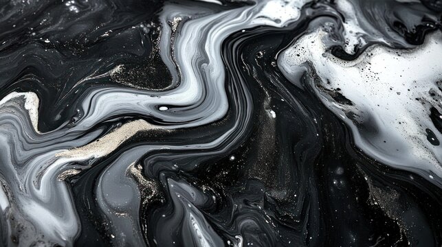 Abstract fluid art design.  Intricate swirls and marbled patterns in black, gray, and white, accented by metallic gold specks.  A mesmerizing visual composition of flowing colors and textures