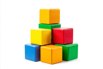Colorful wooden building blocks stacked in various positions for imaginative play and creativity