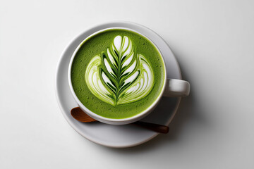 Beautiful matcha latte with intricate leaf design presented in a white cup on a clean table