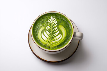 Matcha latte art in a white cup showcasing intricate leaf design on vibrant green surface