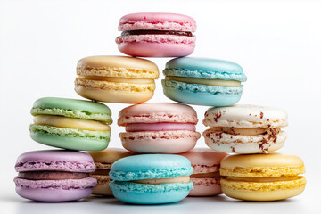 Obraz premium Colorful macarons stacked in a visually appealing arrangement with pastel hues and distinctive flavors