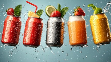 Five Colorful Canned Drinks Suspended in Water Splash