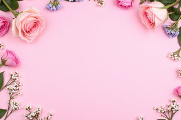 pink roses and babys breath on a pink background