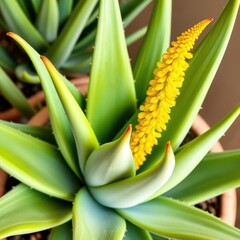 Obraz premium Succulent aloe vera plant with thick green leaves and vibrant yellow flower stalks, vertical, aloe vera, photo