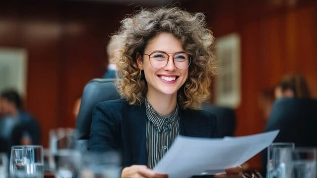 Successful Smile: A close-up shot of a happy businesswoman exuding confidence and charisma while holding paper in meeting environment, capturing a moment of professional success and expertise.