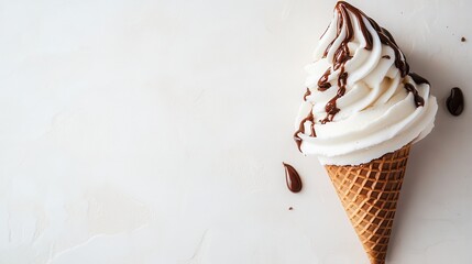 A chocolate soft serve ice cream cone with drips, set against a soft pink background, offering space for text in your next promotion