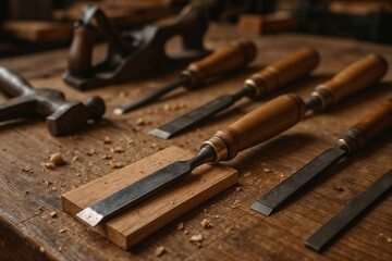 Close-up of Woodworking Tools on a Rustic Workbench
