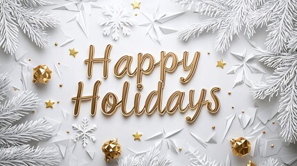 Modern Christmas typography concept showcasing Happy Holidays message in a stylish origami font with a snowy frosted texture and golden accents