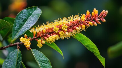 Naklejka premium Close-up shot of a branch featuring vibrant orange flowers with yellow stamens and lush green leaves showcasing tropical beauty.