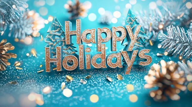 Modern Christmas typography concept showcasing Happy Holidays message in a stylish origami font with a snowy frosted texture and golden accents