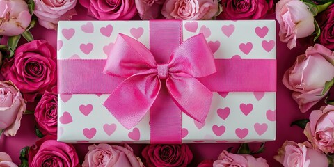 Gift box with pink hearts surrounded pink roses, dark pink surface, close up, space for text