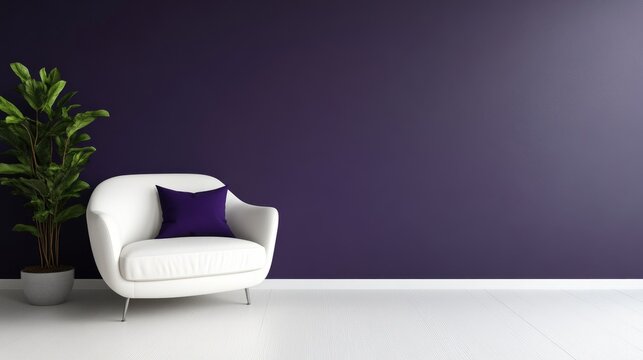 Modern, minimalist living area with a white armchair and purple accent