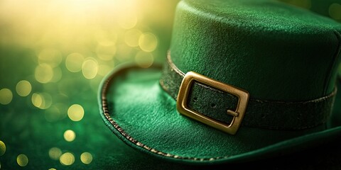 Green leprechaun hat with a gold buckle, blurred background, close up, space for text