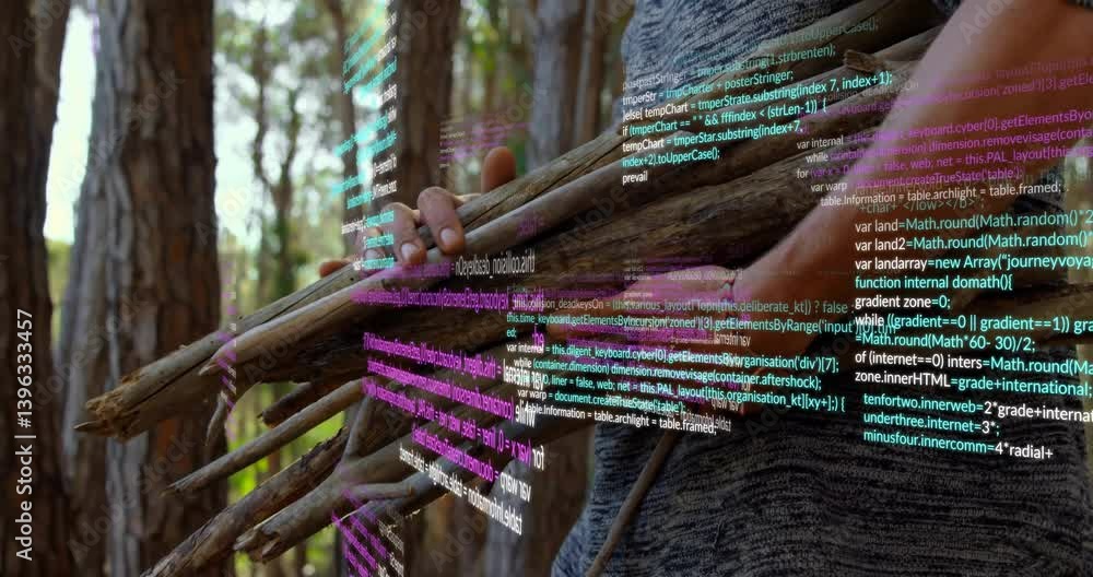 Poster person carrying sticks with colorful coding animation overlay in forest setting