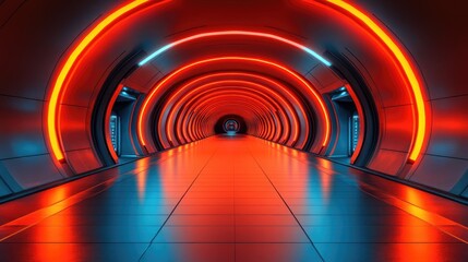 Obraz premium Futuristic red neon tunnel interior, glowing lights, reflective floor, science fiction backdrop