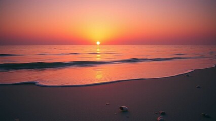 A radiant sunset over a serene ocean, its light reflecting off the gentle waves onto the tranquil shore, creating a picturesque view.