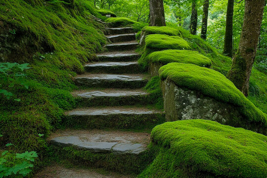 Mossy stone steps climbed up through the dense forest canopy, a winding woodland path surrounded by dense foliage and a forest floor covered in vibrant green moss.