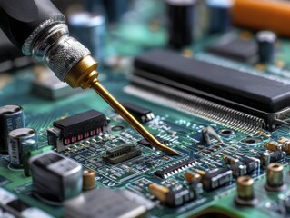 Close-up of a golf ball and club resting on a green - green dimpled blades putting of grass