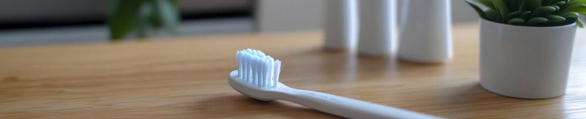 Toothbrush and plant on wooden table