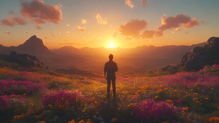 Silhouette of a cross on a hill at sunset with mountain landscape. A symbol of faith, hope, and worship, evoking belief in resurrection with minimalist design, sunlight rays, and a dramatic sky.

