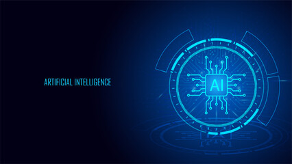 Artificial intelligence chipset processor circuit board. Technology Ai computing concept Ai circle working data of Artificial intelligence and futuristic digital for future on dark blue background.