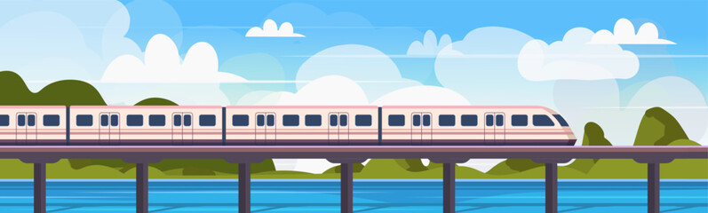  A modern high-speed train crosses a railway bridge over the sea. Travel, journey, and tourism banner. Vector illustration. Not AI generated ©  HourGlass