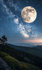 Fototapeta premium Majestic full moon illuminating a tranquil mountain range under a breathtaking night sky filled with stars and the milky way, showcasing a serene and peaceful landscape.