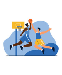 Intense Basketball Game with Players in Mid-Air