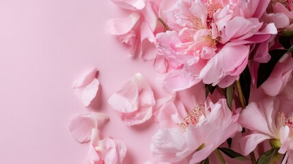 Close-up of blooming pink peony flowers and scattered petals on soft floral background. Elegant pastel composition symbolizing beauty, romance, nature, freshness, and spring season aesthetics