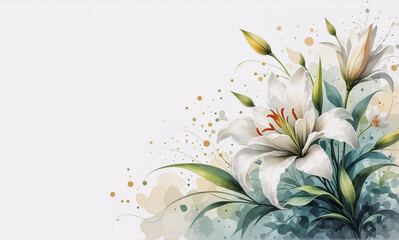 Elegant white lilies with green leaves and buds are painted in watercolor style with soft pastel splashes on a white background.