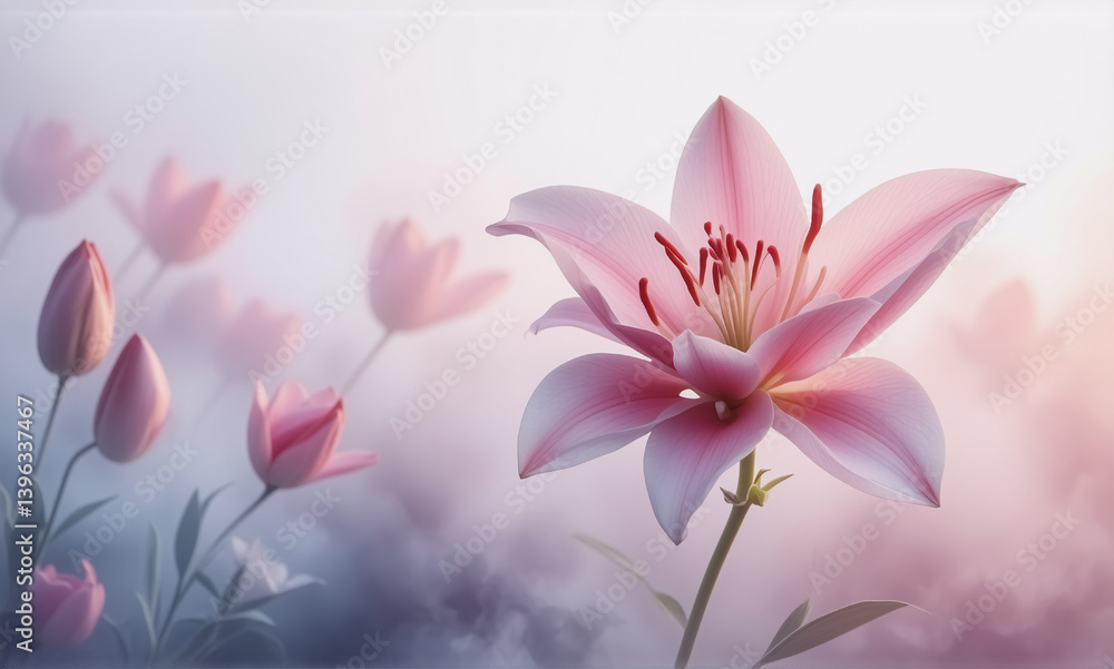 Poster soft pink lilies and tulips gently bloom in a serene and dreamy setting with a soft blurred backgrou